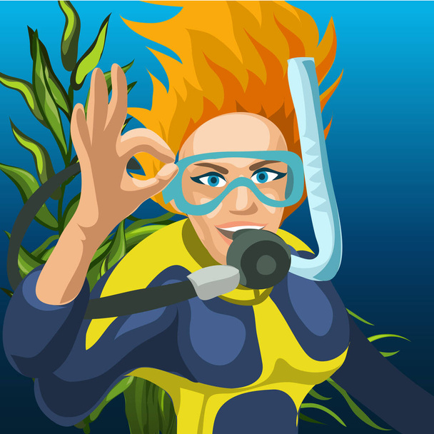 Esboço de um cartaz de um mergulhador de mulher feliz que levanta uma mão com o sinal ok. Desenhos animados vetoriais ilustração close-up
. - Vetor, Imagem