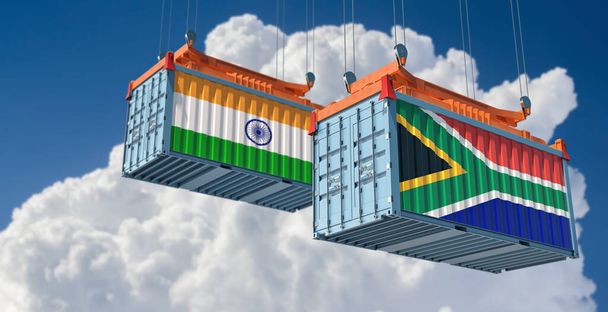 Shipping containers with India and South Africa flag. 3D Rendering  - Photo, Image