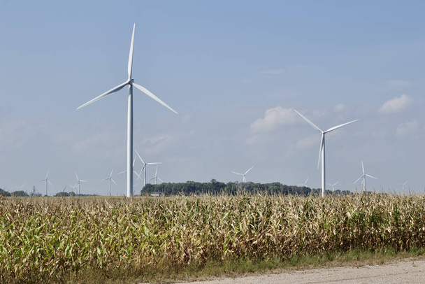Vista paisagem de turbinas eólicas gigantes em um cenário de campo agrícola com fundo de céu azul, com espaço de cópia
 - Foto, Imagem