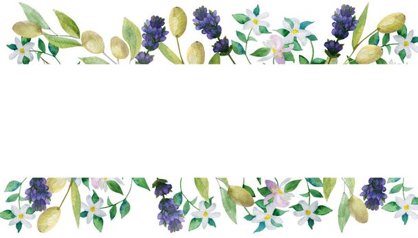 Watercolor hand painted nature provence banner composition with purple lavender flower, green olive branches and white bergamot blossom plant for invite and greeting card with the space for text - Fotó, kép