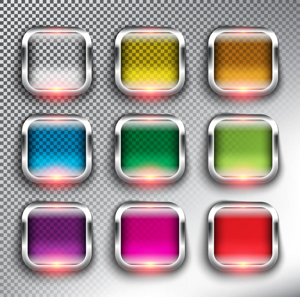 Abstract square web buttons set of 9. Square glass web icons with silver frame. Isolated with realistic, transparent glass shine and shadow on the white background. Vector illustration. Eps 10. - Вектор, зображення
