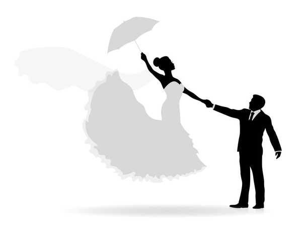 Silhouette di uno sposo che stringe la sposa. Sta volando con un ombrello. Isolato su bianco
.  - Vettoriali, immagini