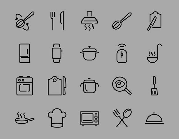   Zestaw ikon kulinarnych i kuchennych, Linie wektorowe, zawiera ikony takie jak patelnia, smażenie, mikrofalówka, widelec z łyżką, Edytowalny suw, idealny 480x480 pikseli, białe tło. - Wektor, obraz