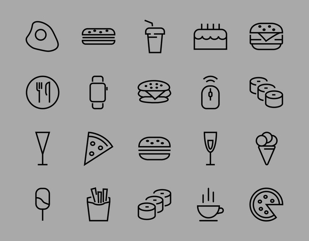   Jednoduchá sada ikon rychlého občerstvení souvisejících s vektorovou linií. Obsahuje ikony, jako je pizza, burger, sushi, kolo, míchaná vejce a další. EDITABLE stroke. 480x480 pixelů perfektní, EPS 10 - Vektor, obrázek