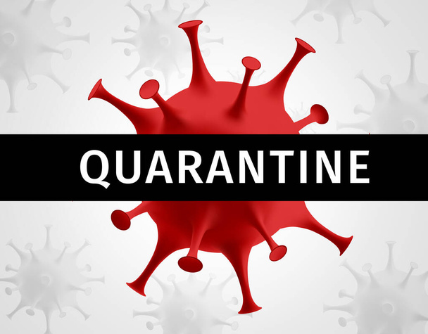 Coronavirus quarantine banner. Protection against dangerous virus. Red coronavirus icon isolated on white background with black stripe mask with text Quarantine. Health Care. 3D vector illustration - Vector, Image