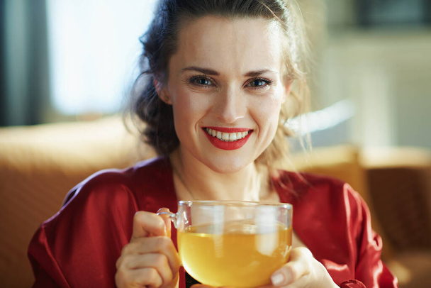 Portré mosolygós fiatal háziasszony fekete test fehérnemű és piros fürdőköpeny csésze zöld tea modern otthon napsütéses napon. - Fotó, kép