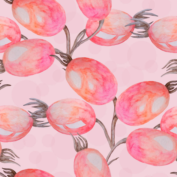 バラの腰の枝、犬のバラ、孤立した赤い果実、ピンクの背景に手描きの水彩画のイラスト。シームレスなテクスチャ。EPS 10 - ベクター画像