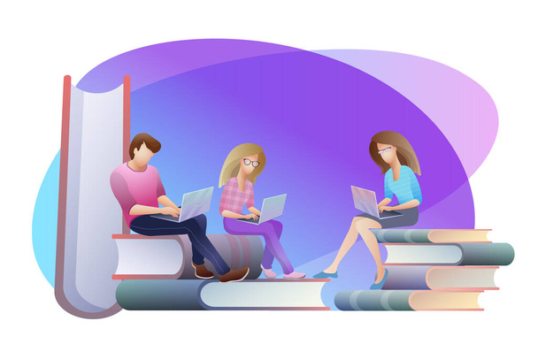 People sitting on stack of books, holding digital gadgets. Vector. - Vector, Imagen