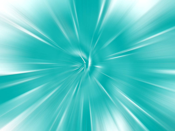  Abstract turquoise, white zoom effect background. Digitally generated image. Rays of turquoise,white light. Colorful radial blur, fast speed zooming motion, sunburst or starburst.                                - Photo, Image