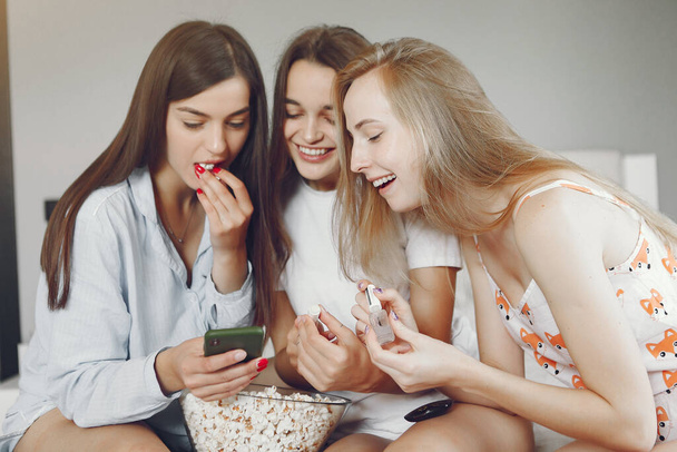 Three girls have pajamas party at home - Фото, зображення