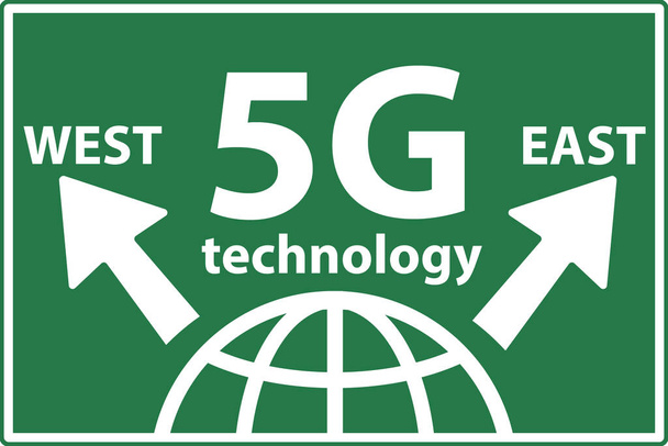 5g гонки технологий сотовой связи в западной и восточной концепции. Мобильные сети 5G. Америка и Китай борются за контроль над глобальными стандартами технологий. Высокоскоростная иллюстрация вектора инноваций 5G в глобальной сети
 - Вектор,изображение