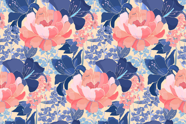 Vector floral seamless pattern. Pink peony, blue lily flowers, buds isolated on ivory background. For home textiles, fabric, wallpaper design, accessories, digital paper. - Vektor, Bild