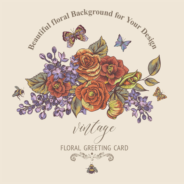 Vector vintage ανοιξιάτικη ευχετήρια κάρτα με ανθισμένα λουλούδια από μπιγκόνια, πασχαλιές, πεταλούδες και μέλισσες. Φυσική απεικόνιση - Διάνυσμα, εικόνα
