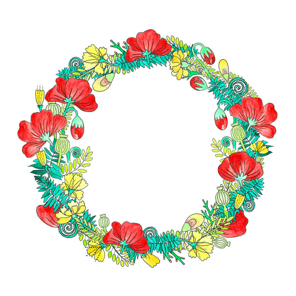Corona de flores decorada con flores de amapola y hojas verdes, dibujo acuarela colorido verano aislado sobre un fondo blanco
 - Foto, Imagen