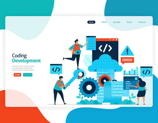 homepage landing page vector flat illustration of coding development. repair and maintenance of cloud storage technology. security system in digital backup database. web, flyer, website, mobile apps - Vector, Image