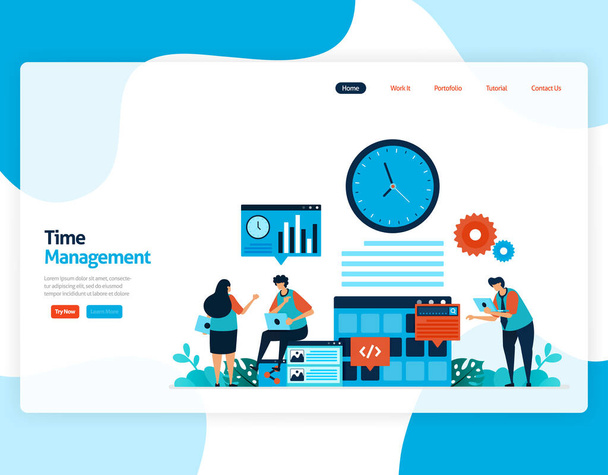 Landing page vector of time management and scheduling jobs project, Plan and manage work on time, Lack of time in business, Work with time. Illustration for website, mobile apps, homepage, flyer, card - Vector, Imagen