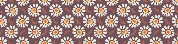1970年代レトロデイジーワイルドフラワーモチーフ｜バナー背景。ナイーブマルガリータの花のシームレスなパターン。ブラウン・ボーダーの白。手描きのテキスタイル。太字夏の花のヴィンテージリボントリムエッジ。ベクトルEps 10 - ベクター画像
