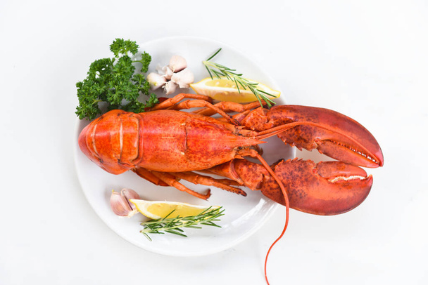 Red lobster dinner seafood with herb spices lemon rosemary served table in the restaurant gourmet food healthy boiled lobster cooked / Fresh lobster food on a white plate background - Foto, afbeelding