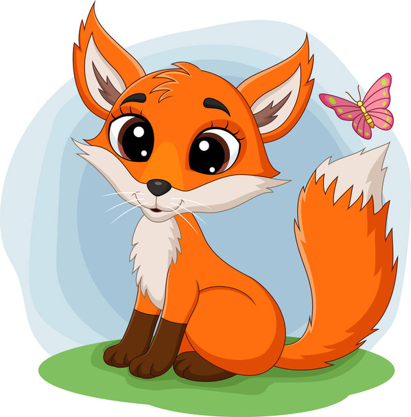 illustration vectorielle de Dessin animé renard heureux assis sur l'herbe
 - Vecteur, image