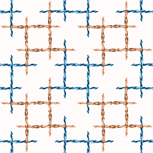 На белом фоне - обмотанная веревочная рыболовная сеть. Ручной рисунок морского векторного безшовного рисунка. Морские летние текстиль по всему миру Print Грубая сине-коричневая поломанная сетка. Повторить плитку S10
 - Вектор,изображение