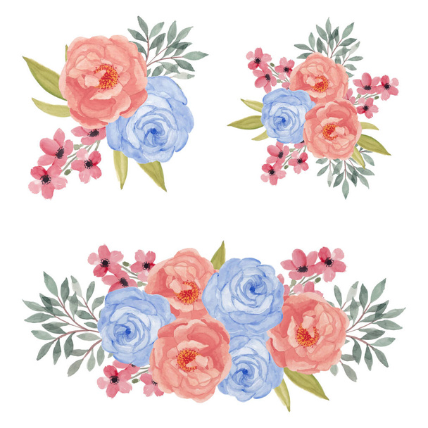 Ακουαρέλα πολύχρωμο τριαντάφυλλο λουλούδι μπουκέτο εικονογράφηση σετ - Διάνυσμα, εικόνα