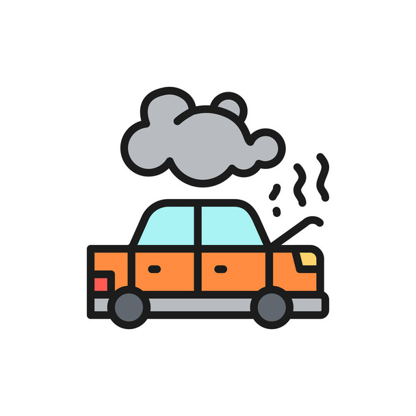 Car broke down, automobile smoking under hood, accident flat color line icon. - ベクター画像