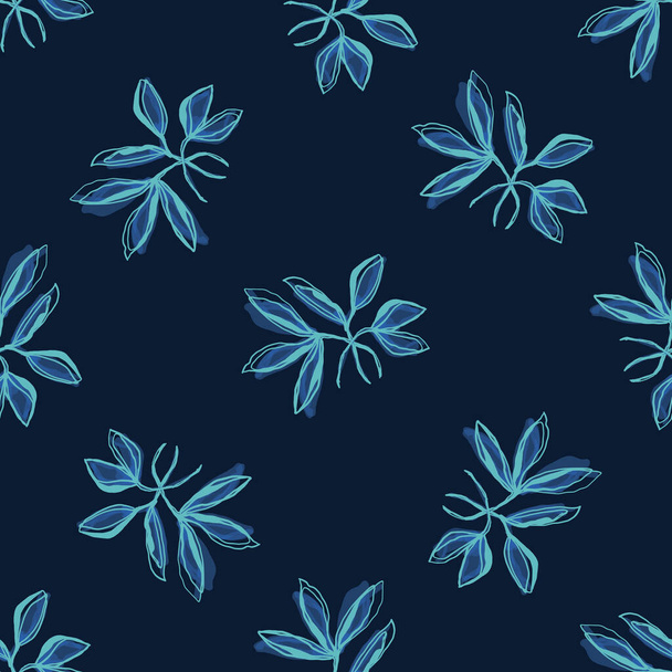 クラシックなブルーの手塗りの葉の背景。エレガントなミッドナイトグローの葉モチーフシームレスなパターン。ダーク・ディープ・インディゴのおいしい海軍の花。全印刷ファッションテキスタイル以上。繰り返しイラストベクトルEps 10 - ベクター画像