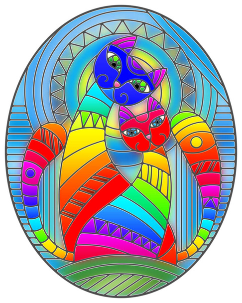 Illustration in stained glass style with a pair of abstract geometric rainbow cats on a blue background with sun, oval image - Vektör, Görsel
