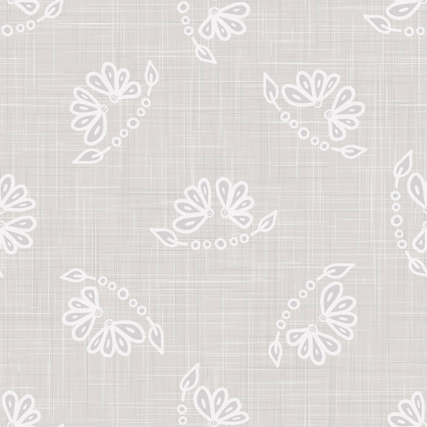 Gray vector french linen texture background. Printed with white daisy leaf flower.  - Vector, Image