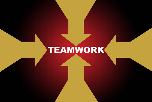 Sárga nyíl fuss csapatmunka szó piros háttér, produktív üzleti siker koncepció és szinergia ötlet - Fotó, kép