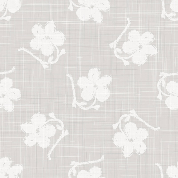 Szürke francia vászon textúra háttér nyomtatott fehér Daisy Flower. Természetes Ecru Flax Fibre varrat nélküli minta. Organikus fonal közelkép szürke bézs szövött szövet tapéta, semleges csomagolás. Vektor epizód10 - Vektor, kép