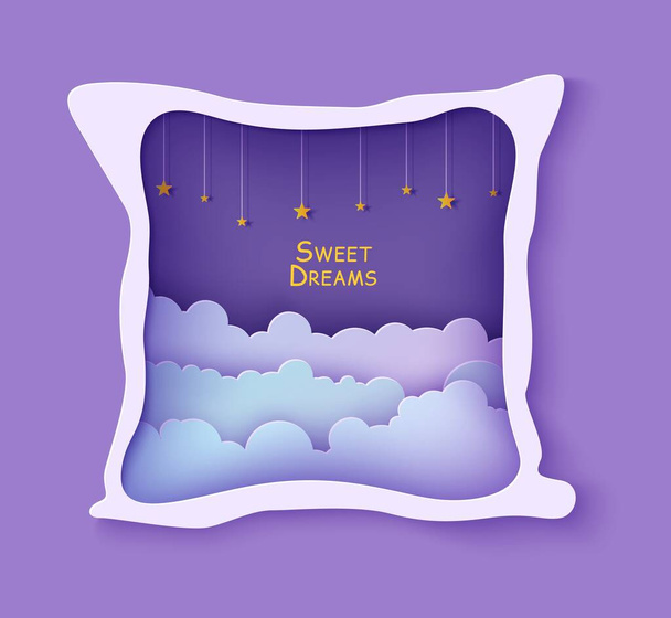 Night sky clouds frame like pillow with gold stars on rope in paper cut style. Cut out 3d backdrop with violet blue gradient cloudy landscape papercut art, vector card for wish sweet dreams good night - Vector, Image