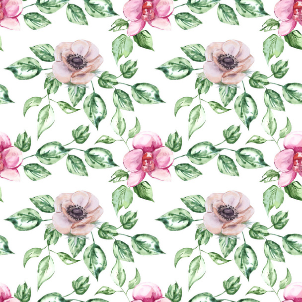 watercolor patterns of anemone flowers seamless on a white background. print for printing fabrics delicate anemones and green sheets - 写真・画像