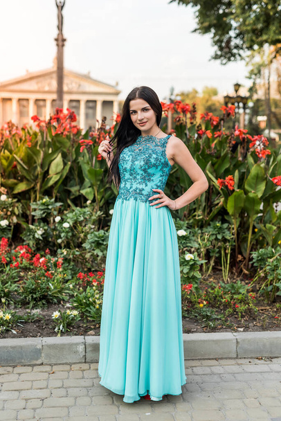Fashion photo of magnificent woman posing in fine mint dress - Photo, Image