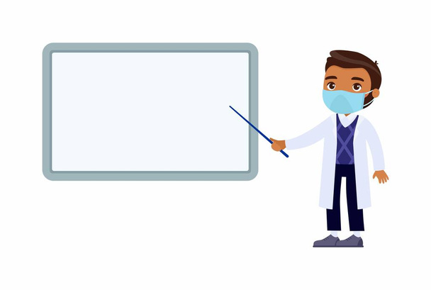 Dark skin male doctor point to a blank medical demonstration board. A doctor in a white coat, a character with a protective mask on his face. Virus protection, allergies concept. Vector illustration on a white background. - Vector, Image