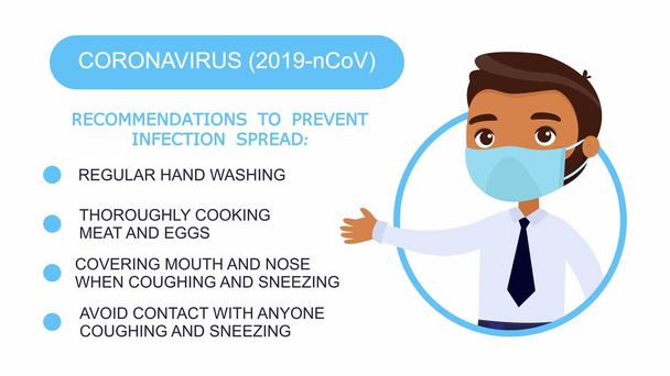 Sarjakuva tumma iho mies toimistossa puku viittaa listan suosituksia suojaa coronavirus. Hahmo, jolla on hullu naamio kasvoillaan. Virussuojaustiedot. Vektorin kuvitus valkoisella taustalla
. - Vektori, kuva