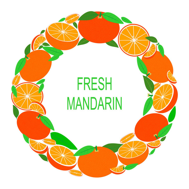 Wreath with mandarin. Vector Illustration with fresh mandarins in circle. Vector flat design suitable from template, banner, border, frame, card or icon.  - Vector, Image