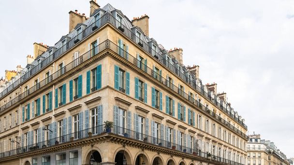 Paris, typical facade and windows, beautiful building rue de Rivoli - Photo, Image