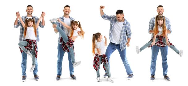 Set of dancing father and his little daughter on white background - Photo, Image