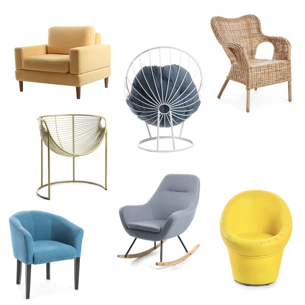 Collage avec différents fauteuils confortables sur fond blanc
 - Photo, image