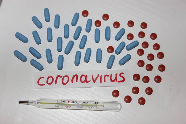 Iscrizione di Coronavirus tra le pillole. Trattamento con Coronavirus. Il coronovirus causa febbre
 - Foto, immagini