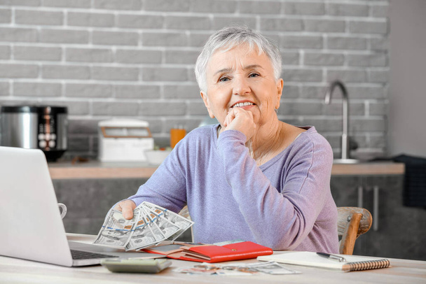 Idősebb nő otthon számolja a pénzt. - Fotó, kép