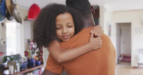 Rear view of an African American man and his mixed race daughter enjoying time at home together, a man is holding his daughter up, embracing and smiling, in slow motion - Metraje, vídeo
