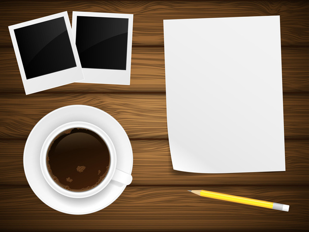 Coffee cup, white paper and photo frame on wooden background. - Vector, Imagen