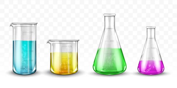 Laboratory glassware with colorful liquids on transparent background - Vector, Image