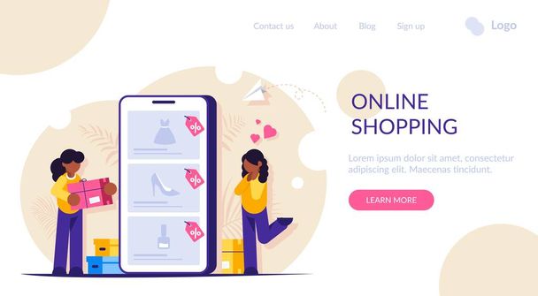 Online shopping concept. Girls make purchases in online store choosing the goods on the site through a mobile phone. Buying dresses, shoes and perfumes. Landing web page template. - Vector, Image