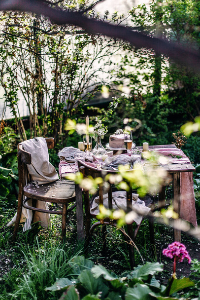 Picnic in spring blossoming apple orchard on a wooden table and chairs with cake and champagne - Photo, Image