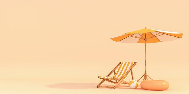 Beach umbrella with chairs on pastel colors background. Minimalism concept. 3d rendering - Photo, Image