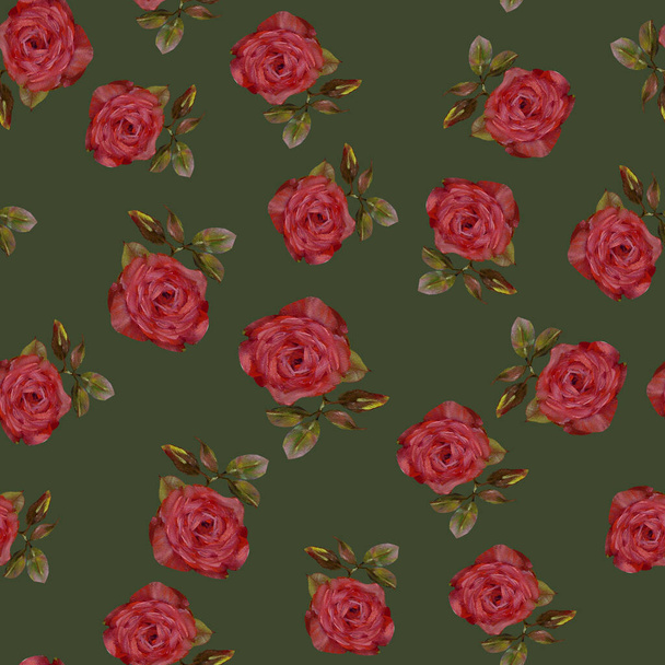 Pintura al óleo. Patrón sin costuras de varias flores rojas de rosas y hojas de rosas sobre un fondo verde para crear textiles, papel de envolver, envolver, manteles, paño de aceite, cortinas, papel pintado
 - Foto, Imagen