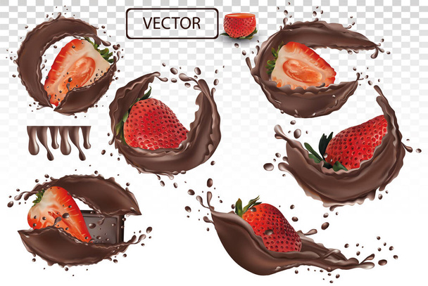 3d realistic chocolate splash with strawberry. Collection strawberries covered in chocolated. Sweet chocolate dessert on transparent background. Vector illustration - Vector, Image